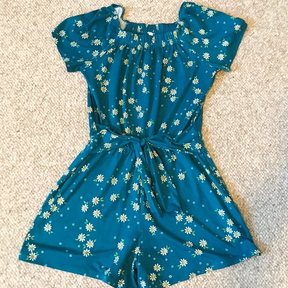 Heart and Burrow Girls Blue Green White Floral Daisy Romper 10 Summer One Piece - Picture 3 of 7